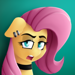 Size: 2160x2160 | Tagged: safe, artist:anon_1515, derpibooru import, fluttershy, pegasus, pony, choker, eyebrows, eyeroll, eyeshadow, floppy ears, fluttergoth, freckles, goth, lineless, makeup, open mouth, piercing, simple background, unamused