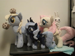 Size: 4000x3000 | Tagged: safe, artist:little-broy-peep, angel bunny, derpy hooves, fluttershy, princess luna, filly, irl, muffin, photo, plushie