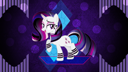 Size: 3840x2160 | Tagged: safe, artist:laszlvfx, artist:theshadowstone, derpibooru import, edit, rarity, pony, unicorn, abstract background, female, goth, gothic, gothity, mare, raised hoof, raised leg, smiling, solo, vector, wallpaper, wallpaper edit