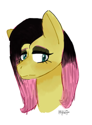 Size: 2000x2700 | Tagged: safe, artist:itzdatag0ndray, derpibooru import, fluttershy, pegasus, pony, alternate hair color, bust, eyeshadow, goth, hair dye, makeup, simple background, solo