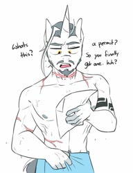 Size: 951x1237 | Tagged: safe, artist:redxbacon, derpibooru import, oc, oc only, oc:silver spark, anthro, unicorn, clothes, male, partial nudity, scar, topless, towel