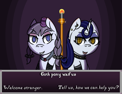 Size: 1300x1000 | Tagged: safe, artist:lazerblues, inky rose, moonlight raven, earth pony, pony, unicorn, candle, choker, collar, ear piercing, fishnet stockings, goth, gothic, hat, looking at you, piercing, text box