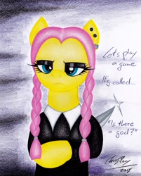 Size: 1854x2311 | Tagged: safe, artist:thechrispony, derpibooru import, fluttershy, pegasus, pony, braided pigtails, clothes, crossover, fluttergoth, goth, knife, piercing, solo, the addams family, traditional art, wednesday addams