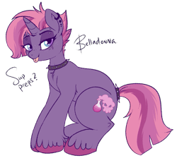 Size: 765x706 | Tagged: safe, artist:lulubell, oc, oc:belladonna, my little pony: the movie, collar, female, goth, magical lesbian spawn, next generation, offspring, parent:tempest shadow, parent:twilight sparkle, parents:tempestlight, piercing, solo, spiked collar, tempestlight, tongue out