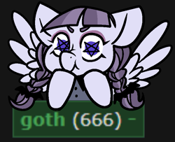 Size: 739x600 | Tagged: safe, artist:/d/non, inky rose, pegasus, pony, 666, black background, braid, dark background, derpibooru, female, goth, looking at you, mare, meta, pentagram, pentagram eyes, scrunchy face, simple background, solo, spread wings, starry eyes, stars, tags, wingding eyes, wings