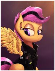 Size: 1080x1400 | Tagged: safe, artist:subjectnumber2394, scootaloo, anarchy, bad religion, badass, badass adorable, clothes, cute, cutealoo, jacket, leather jacket, nofx, operation ivy, pennywise, punk, solo