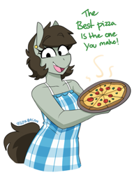 Size: 577x752 | Tagged: safe, artist:redxbacon, derpibooru import, oc, oc:tjane, anthro, earth pony, clothes, dialogue, dress, female, food, looking at you, mare, meat, pepper, pepperoni, pepperoni pizza, pizza, solo