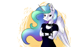 Size: 3000x2000 | Tagged: safe, artist:vincher, princess celestia, anthro, clothes, collar, crossed arms, ear piercing, looking at you, piercing, punk, simple background, solo