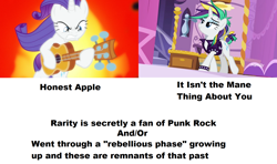 Size: 1596x948 | Tagged: safe, derpibooru import, edit, screencap, rarity, pony, unicorn, honest apple, it isn't the mane thing about you, alternate hairstyle, guitar, guitarity, headcanon, punk, raripunk, text