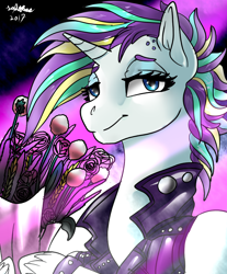 Size: 1080x1306 | Tagged: safe, artist:brainiac, rarity, pony, unicorn, it isn't the mane thing about you, alternate hairstyle, bouquet, bracelet, clothes, female, flower, jewelry, mare, punk, punk rock, raripunk, solo