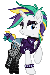 Size: 2000x3000 | Tagged: safe, artist:cheezedoodle96, derpibooru import, rarity, pony, unicorn, it isn't the mane thing about you, .svg available, alternate hairstyle, belt, boots, bracelet, buckle, choker, clothes, denim shorts, ear piercing, earring, eyeshadow, female, fishnets, horn piercing, horn ring, jacket, jewelry, lidded eyes, makeup, mare, mohawk, necklace, padlock, pantyhose, piercing, punk, raised hoof, raised leg, raripunk, see-through, shoes, simple background, solo, spade, stockings, svg, thigh highs, torn clothes, transparent background, vector