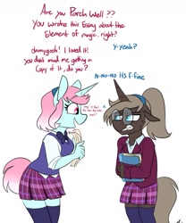 Size: 1391x1675 | Tagged: safe, artist:redxbacon, derpibooru import, oc, oc only, oc:history quill, oc:parch well, anthro, unicorn, book, bowtie, braces, clothes, crystal prep academy uniform, cute, embarrassed, glasses, hairband, jacket, ocbetes, plaid skirt, pleated skirt, ponytail, school uniform, schoolgirl, simple background, skirt, social anxiety, socks, sweat, thigh highs, vest, white background, younger