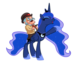 Size: 875x700 | Tagged: safe, artist:elbruno3593, princess luna, human, british, crossover, eyes closed, henry hatsworth, henry hatsworth in the puzzling adventure, humans riding ponies, raised hoof, riding, simple background, transparent background, vector