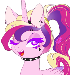 Size: 1407x1500 | Tagged: safe, artist:va1ly, princess cadance, alicorn, pony, choker, cute, cutedance, ear piercing, earring, edgy, heart, heart eyes, it's a phase, open mouth, piercing, punk, simple background, solo, spiked choker, white background, wingding eyes