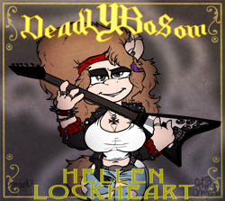 Size: 1280x1142 | Tagged: safe, artist:combel, oc, oc only, oc:hellen lockheart, anthro, album cover, alternate hairstyle, bandana, belt, clothes, ear piercing, explicit source, flying v, guitar, jeans, leather jacket, necklace, pants, piercing, punk, ring, ripped jeans, solo, t-shirt, younger