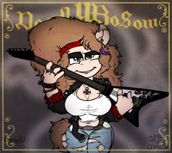 Size: 1280x1142 | Tagged: safe, artist:combel, oc, oc only, oc:hellen lockheart, anthro, album cover, alternate hairstyle, bandana, belt, clothes, ear piercing, explicit source, flying v, guitar, jeans, leather jacket, necklace, pants, piercing, punk, ring, ripped jeans, solo, t-shirt, younger