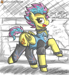 Size: 1000x1097 | Tagged: safe, artist:flutterthrash, spitfire, bracelet, choker, clothes, commission, dialogue, dyed mane, fishnet stockings, it's a phase, it's not a phase, jacket, jewelry, leg warmers, patreon, patreon logo, punk, punkfire, spiked choker, spiked wristband
