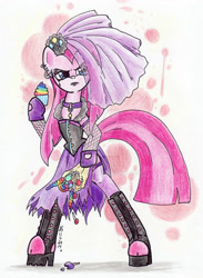 Size: 900x1231 | Tagged: safe, artist:oriwhitedeer, derpibooru import, pinkie pie, earth pony, pony, semi-anthro, goth, pinkamena diane pie, punk, punkamena, punkie pie, solo, traditional art, watermark