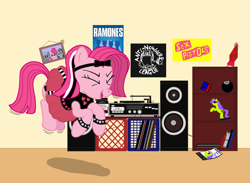 Size: 1600x1170 | Tagged: safe, artist:lonewolf3878, derpibooru import, pinkie pie, earth pony, pony, anti nowhere league, fashion, gothic pinkie, interior, music, punk, punkie pie, ramones, sex pistols, solo