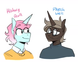 Size: 1034x821 | Tagged: safe, artist:redxbacon, derpibooru import, oc, oc only, oc:history quill, oc:parch well, anthro, unicorn, rule 63