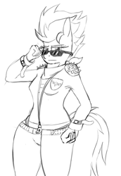 Size: 823x1197 | Tagged: safe, artist:keboponda, spitfire, anthro, 30 minute art challenge, monochrome, punk, punkfire, solo