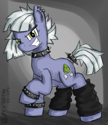 Size: 1200x1392 | Tagged: safe, artist:flutterthrash, limestone pie, hearthbreakers, bracelet, leg warmers, looking at you, metal, punk, smiling, solo, spiked wristband, spikes