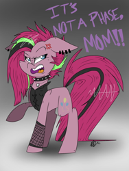 Size: 400x533 | Tagged: safe, artist:doodlehorse, derpibooru import, pinkie pie, earth pony, pony, angry, choker, cross-popping veins, dialogue, ear piercing, floppy ears, funny, goth, gradient background, it's a phase, it's not a phase, messy mane, open mouth, piercing, pinkamena diane pie, punk, punkamena, raised hoof, solo, spiked choker, yelling