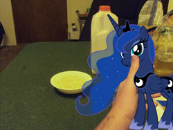 Size: 2500x1875 | Tagged: safe, princess luna, human, pony, cereal, hand, irl, milk, no luna no, photo, ponies in real life, vector, xbox