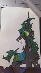 Size: 918x1632 | Tagged: safe, artist:colouredteapot, derpibooru import, queen chrysalis, changeling, changeling queen, alternate hairstyle, bracelet, derpibooru, ear piercing, earring, markers, nose piercing, piercing, punk, solo, spiked wristband, traditional art