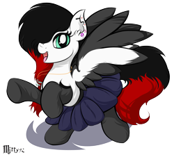 Size: 2475x2236 | Tagged: safe, artist:mirry92, oc, oc only, pegasus, pony, 2016, clothes, digital art, feather, goth, happy, piercing, pleated skirt, punk, ska, skirt, smiling, socks, solo, stockings