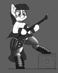 Size: 1280x1597 | Tagged: safe, artist:pabbley, maud pie, pony, amplifier, bipedal, boots, choker, face paint, grayscale, guitar, monochrome, punk, rocker, simple background, solo, spiked choker, tights, white background