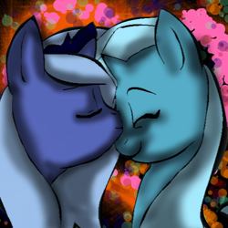 Size: 500x500 | Tagged: safe, artist:hotpinkponygurl, princess luna, trixie, alicorn, pony, female, happy, kissing, lesbian, luxie, shipping, smiling