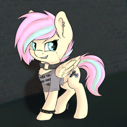 Size: 2100x2100 | Tagged: safe, artist:dbleki, derpibooru import, fluttershy, pegasus, pony, alternate hairstyle, bracelet, brick wall, chest fluff, clothes, collar, dyed mane, ear piercing, earring, jewelry, looking at you, looking sideways, piercing, punk, rock, shirt, smug, solo, spiked wristband, vulgar