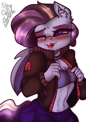 Size: 1240x1748 | Tagged: safe, artist:slynecallisto, oc, oc only, oc:splash, anthro, bat pony, belly button, blushing, clothes, commission, jacket, lighting, piercing, punk, ych result