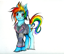 Size: 1078x914 | Tagged: safe, artist:dreamingnoctis, derpibooru import, rainbow dash, pegasus, pony, 80s, alternate hairstyle, ankh, buttons, clothes, deathrock, eyeliner, goth, ink, jacket, leather jacket, makeup, punk, simple background, solo, spikes, studs, traditional art, white background