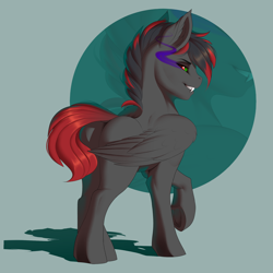 Size: 2000x2000 | Tagged: safe, artist:evehly, derpibooru import, oc, oc only, oc:brimstone, pegasus, pony, fangs, large wings, lifted leg, looking at you, looking back, looking back at you, male, raised hoof, solo, sombra eyes, stallion, underhoof, wings