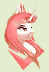 Size: 2000x2947 | Tagged: safe, artist:evehly, derpibooru import, oc, unicorn, bust, female, horn ring, lidded eyes, simple background, solo