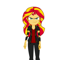 Size: 1583x1440 | Tagged: safe, artist:ngrycritic, sunset shimmer, equestria girls, clothes, evil grin, female, happy, jacket, pants, punk, red, shirt, simple background, smiling, smirk, solo, transparent background