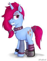 Size: 2200x2800 | Tagged: safe, artist:stinkehund, oc, oc only, pony, unicorn, boots, clothes, collar, ear piercing, female, fishnets, fluffy, horn piercing, piercing, punk, shoes, simple background, socks, spiked collar, spiked wristband, tail wrap, transparent background, wristband