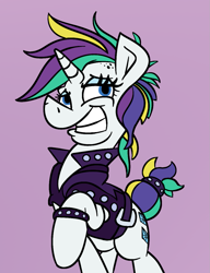 Size: 917x1194 | Tagged: safe, artist:cowsrtasty, derpibooru import, rarity, pony, unicorn, it isn't the mane thing about you, alternate hairstyle, female, mare, punk, raised hoof, raripunk, simple background, solo