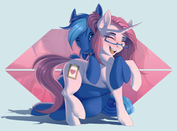 Size: 2700x2000 | Tagged: safe, artist:evehly, derpibooru import, oc, oc only, oc:kendra heart, oc:soul flyer, pegasus, pony, unicorn, blushing, cutie mark, eyes closed, female, glasses, happy, hug, male, mare, one eye closed, shipping, solo, soulheart, stallion, straight, tongue out, wink