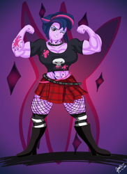 Size: 1700x2338 | Tagged: safe, artist:pandatarius, twilight sparkle, equestria girls, abs, alternate hairstyle, bedroom eyes, boots, breasts, choker, clothes, female, fetish, fishnet stockings, headlight sparkle, lip bite, looking at you, midriff, miniskirt, muscle fetish, muscles, one eye closed, piercing, punk, punklight sparkle, skirt, socks, solo, tattoo, thigh highs, thighlight sparkle, thunder thighs, twilight muscle, wink