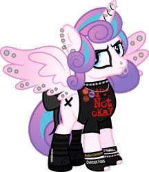 Size: 1208x1395 | Tagged: safe, artist:lightningbolt, derpibooru exclusive, princess flurry heart, alicorn, pony, .svg available, annoyed, boots, bow, bracelet, button, chains, choker, clandestine industries, clothes, cobra starship, ear piercing, earring, edgy, emo, eyeshadow, fake cutie mark, fall out boy, female, fingerless gloves, frown, glare, gloves, grumpy, hair over one eye, horn piercing, indifferent, it's a phase, jewelry, lip piercing, looking at you, makeup, my chemical romance, necklace, nose piercing, older, ow the edge, paint on fur, painted horn, panic! at the disco, piercing, princess emo heart, punk, rebellious teen, reference, ribbon, safety pin, shirt, shoes, simple background, socks, solo, spiked choker, spiked wristband, spread wings, striped socks, svg, tail bow, teenage flurry heart, teenager, transparent background, vector, wall of tags, wing piercing, wristband, zipper