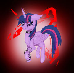 Size: 1024x1007 | Tagged: safe, artist:falling-stars-1, twilight sparkle, twilight sparkle (alicorn), alicorn, pony, alternate hairstyle, bracelet, choker, ear piercing, earring, jewelry, lidded eyes, piercing, punk, raised hoof, solo