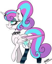 Size: 800x983 | Tagged: safe, artist:yupinapegasus, princess flurry heart, alicorn, pony, choker, clothes, ear piercing, heart eyes, horn ring, lidded eyes, lip piercing, older, piercing, princess emo heart, punk, simple background, socks, solo, spiked choker, striped socks, transparent background, watermark, wingding eyes