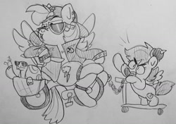 Size: 1280x903 | Tagged: safe, artist:pirateshenani, derpibooru import, rainbow dash, scootaloo, pegasus, pony, punk, scooter, traditional art