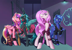 Size: 4400x3076 | Tagged: safe, artist:nauth, derpibooru import, princess cadance, princess celestia, princess luna, queen chrysalis, alicorn, changeling, changeling queen, pony, absurd resolution, alley, arm warmers, baseball bat, boots, bubblegum, choker, cigarette, clothes, derpibooru, ear piercing, earring, eyeshadow, food, gang, graffiti, gum, jacket, jewelry, lidded eyes, lipstick, looking at you, makeup, miniskirt, necklace, open mouth, piercing, punk, punk cadence, punk chrysalis, punk luna, punklestia, skirt, spiked choker, spiked wristband, street, tongue out, wristband