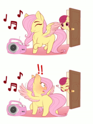 Size: 1000x1332 | Tagged: safe, artist:evehly, derpibooru import, fluttershy, posey shy, pegasus, pony, :>, animated, blushing, caught, chest fluff, colored wings, colored wingtips, comic, cute, daaaaaaaaaaaw, dancing, door, embarrassed, evehly is trying to murder us, exclamation point, eyes closed, female, filly, filly fluttershy, happy, heart, hnnng, looking back, mare, missing accessory, missing cutie mark, mother and child, mother and daughter, music notes, no glasses, parent and child, radio, raised hoof, raised leg, shyabetes, simple background, smiling, spread wings, spying, surprised, watching, white background, wide eyes, wings, younger