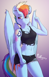 Size: 1500x2369 | Tagged: safe, artist:punk-pegasus, derpibooru import, rainbow dash, anthro, pegasus, abs, alternate hairstyle, belly button, clothes, female, mare, midriff, piercing, punk, shorts, solo, tattoo, torn clothes