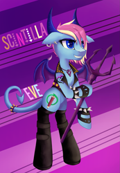Size: 1017x1468 | Tagged: safe, artist:evescintilla, oc, oc only, oc:eve scintilla, demon, pony, semi-anthro, abstract background, bat wings, bipedal, clothes, devil, devil horns, devil tail, eyeshadow, fingerless gloves, gloves, horns, imp, jacket, latex, latex boots, leather jacket, makeup, piercing, pitchfork, punk, smiling, smirk, solo, spiked wristband, tattoo, text, wristband